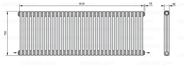 Схема (чертеж) Радиатор Zehnder Charleston 2075/33 №2670 Белый глянцевый RAL 9016
